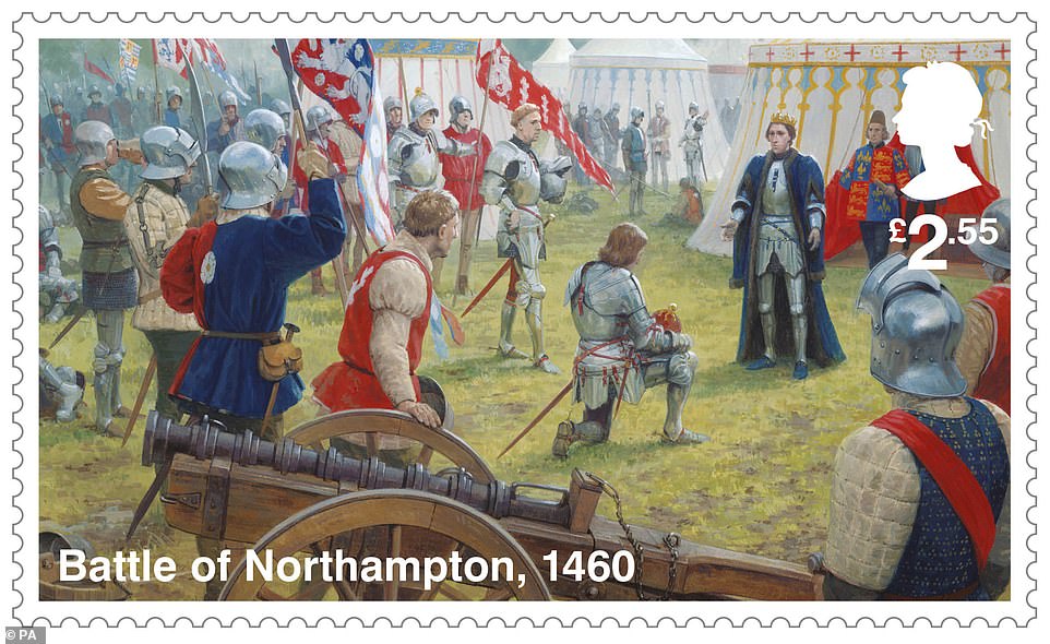 One of the stamps depicts Edward, the Earl of March, the future Edward IV, proclaiming his loyalty to Henry VI at the Battle of Northampton