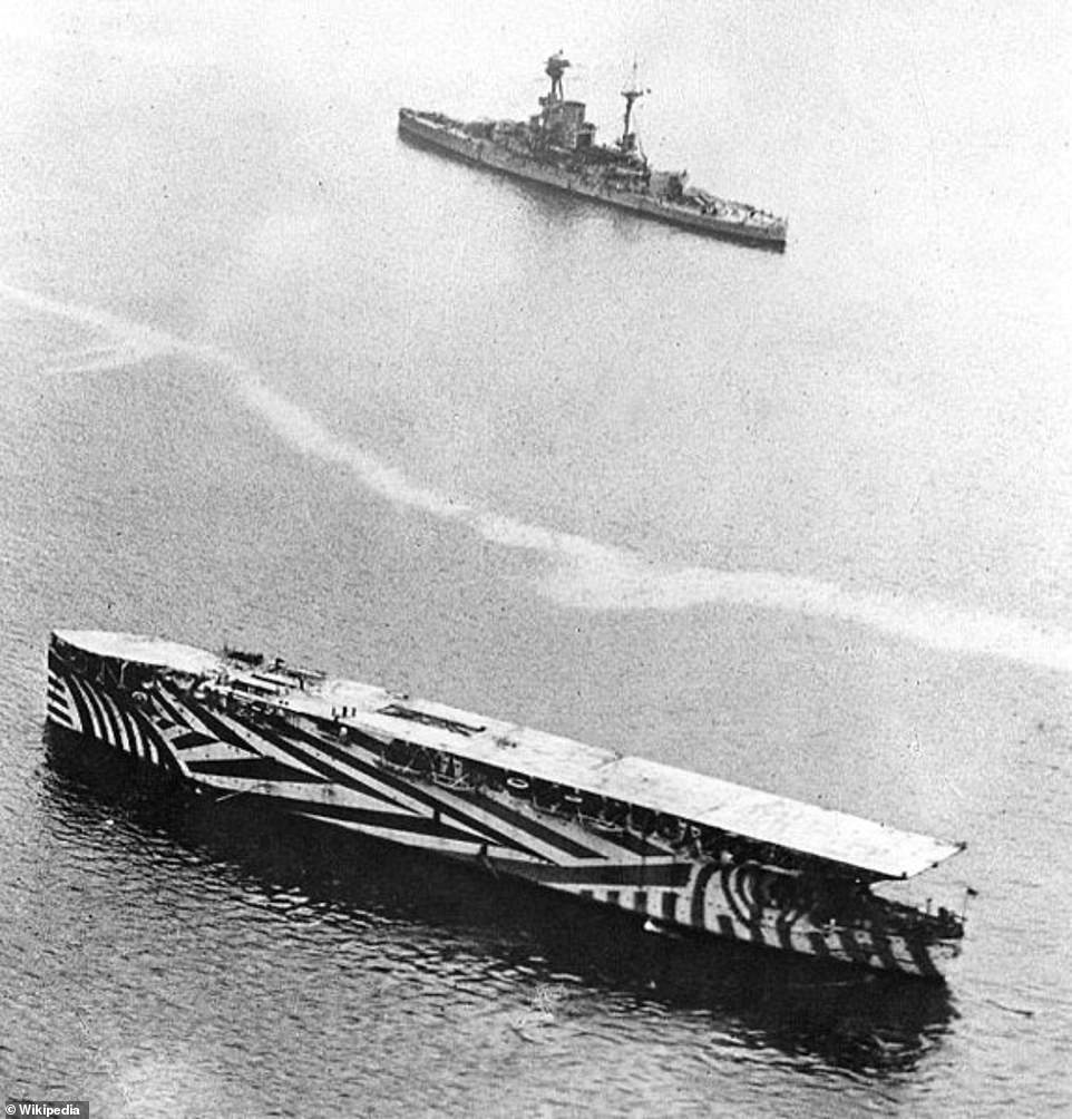 Dazzle camouflage was originally used in the First World War. Pictured: The paint job on WWI aircraft carrier HMS Argus