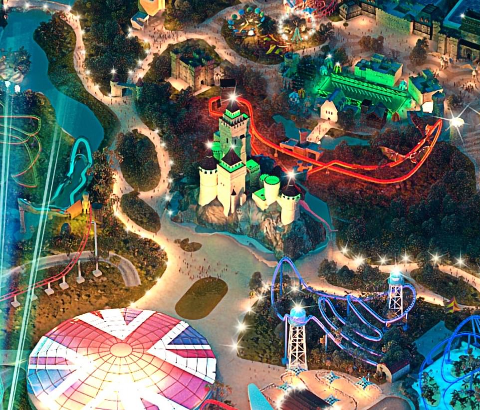 A stunning aerial rendering of the park, The London Resort, which will be based between Gravesend and Dartford on the Swanscombe Peninsula, shows how it will have eight huge rollercoasters, medieval castles and an Aztec pyramid