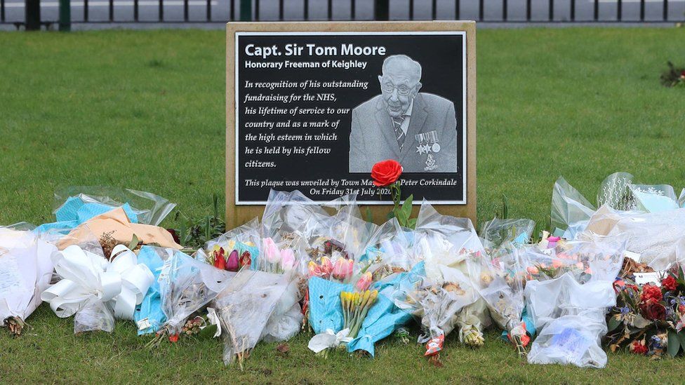 A memorial plaque in Keighley, West Yorkshire, on the day of Captain Sir Tom Moores funeral.