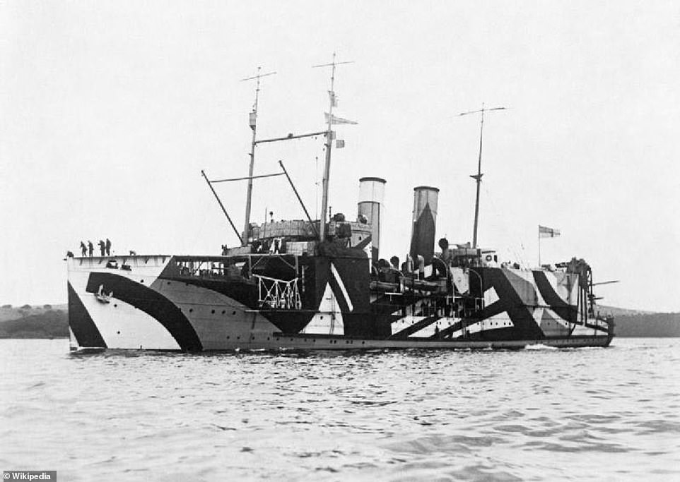 In the First and Second World Wars, the different shapes, angles and colours were intended to confuse submariners peering through periscopes. Pictured: WWI ship HMS Pegasus