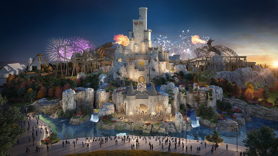 This rendering shows a castle in the resort's Kingdom area, 'a place of threatening and imposing castles and mystical Arthurian legends'