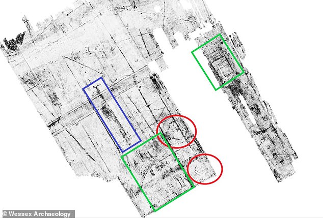 The octagonal pillars were found in the grounds of the National Maritime Museum with radar. They are 100 metres further east than previously thought. Pictured, key findings of the study with the pillars circled in red