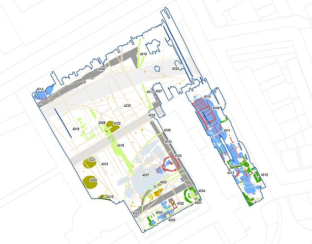 The ground-penetrating radar sends signals into the turf and records what they encounter to paint a picture of what lies under the dirt. Pictured, the results of the survey. The octagonal pillars of the tiltyard are seen at the bottom of the image The ground-penetrating radar sends signals into the turf and records what they encounter to paint a picture of what lies under the dirt. Pictured, the results of the survey. The octagonal pillars of the tiltyard are seen at the bottom of the image