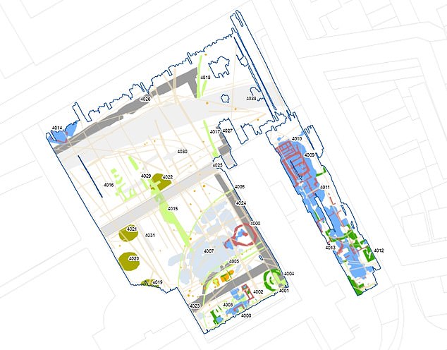 The ground-penetrating radar sends signals into the turf and records what they encounter to paint a picture of what lies under the dirt. Pictured, the results of the survey. The octagonal pillars of the tiltyard are seen at the bottom of the image