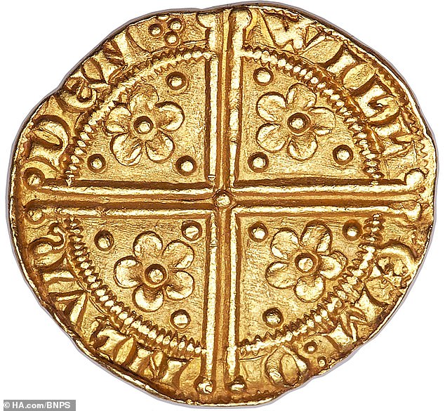 Pictured: The rare coin's reverse side features a 'long cross' and four five-petalled roses as well as the mark of King Henry III's goldsmith, William of Gloucester, around the coin's edge