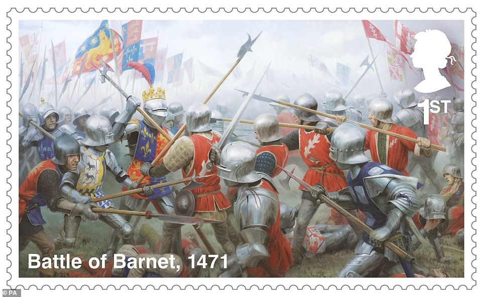 Edward IV is depicted leading his army into battle during the Battle of Barnet in 1471. The battle was won by the House of York and Warwick the Kingmaker was killed