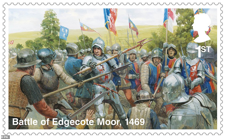 Yorkist knight Sir Richard Herbert is seen fighting on the front line in the Battle of Edgecote Moor. The stamp set shows key battles in the Wars of the Roses between the House of Lancaster and the House of York as they fought for control of the English throne