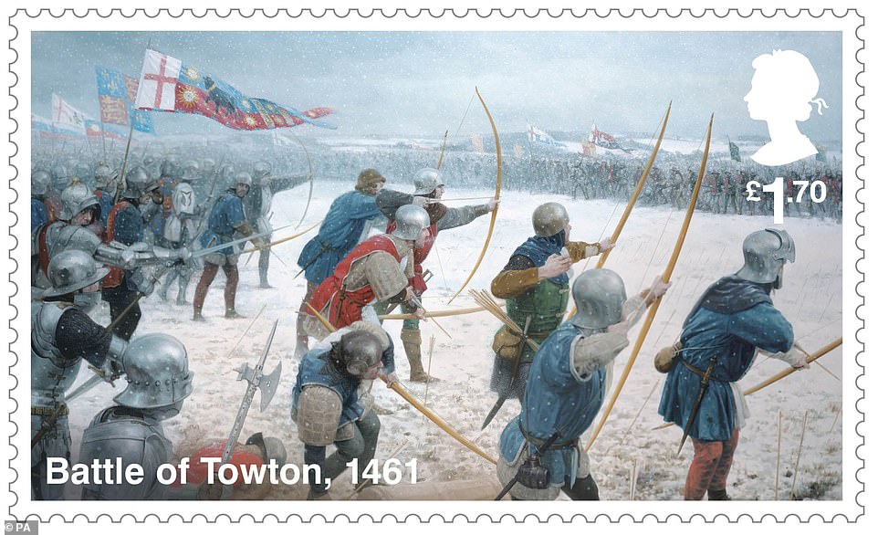 One stamp shows soldiers doing battle in the show in the Battle of Towton in a chilly March 1461, won by the House of York amid a snowstorm One stamp shows soldiers doing battle in the show in the Battle of Towton in a chilly March 1461, won by the House of York amid a snowstorm