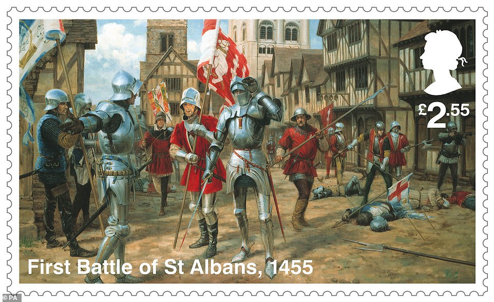 This stamp shows knights arriving into the city of St Albans (near London) amid the first battle there in May 1455, won by the House of York This stamp shows knights arriving into the city of St Albans (near London) amid the first battle there in May 1455, won by the House of York