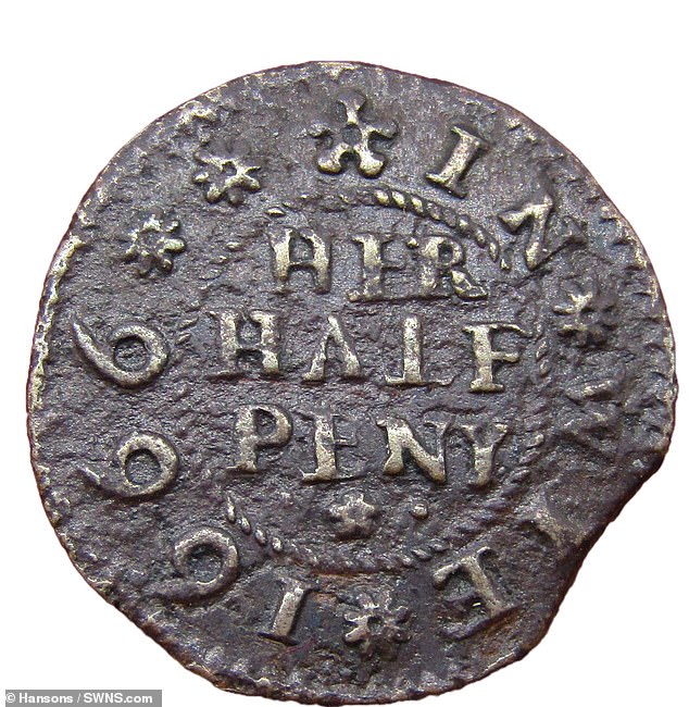 A collection of battered 17th Century trading tokens, including ones minted in the year of the Great Fire of London in 1666, could fetch £20,000 at auction. Pictured: This coin was issued by trader Marie Allen, from Wye in Kent