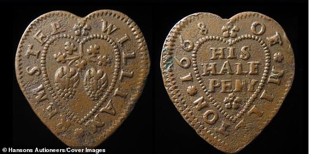 This token, which is dated 1668, is in the shape of a heart and bears the name William. On one side it reads 'His Half Peny'