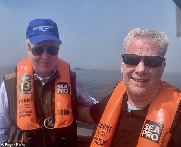 Historian Earl Spencer (left) last week joined experts as they dived on the wreck site of the White Ship, which sank in 1120, killing King Henry I's only heir. Pictured: Earl Spencer with Roger Michel, the director of the Institute for Digital Archaeology, during the expedition