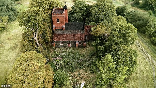 Archeologists working for the controversial new high-speed railway network, HS2, uncovered the medieval ruins during excavation work on the remains of the St Mary's Old Church in Stoke Mandeville, Buckinghamshire. Pictured is CGI reconstruction of the Norman church