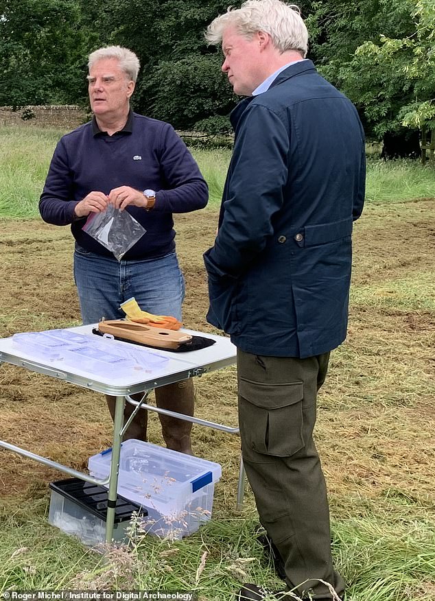 The late princess's brother Charles Spencer (pictured right at the dig site with Roger Michel, the director of the Institute for Digital Archaeology) had ordered the dig in the hope that it would uncover the site of the long-abandoned 'Olletorp' – a village whose inhabitants fled in the 14th century when the Black Death was running rampant The late princess's brother Charles Spencer (pictured right at the dig site with Roger Michel, the director of the Institute for Digital Archaeology) had ordered the dig in the hope that it would uncover the site of the long-abandoned 'Olletorp' – a village whose inhabitants fled in the 14th century when the Black Death was running rampant
