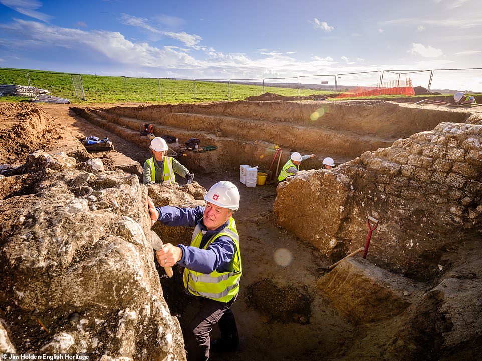 It was once a grand Roman amphitheatre that entertained 5,000 spectators with gladiatorial contests, wild beast hunting and the odd execution of a criminal on the Kent coast. And now English Heritage archaeologists (pictured) have uncovered evidence of a holding cell for those who were about to meet their fate in the ancient arena in Richborough 2,000 years ago