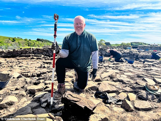 The latest discovery was made by Dylan Herbert (pictured with  his discovery), a retired biochemist from South Wales, who was volunteering with the Vindolanda Trust