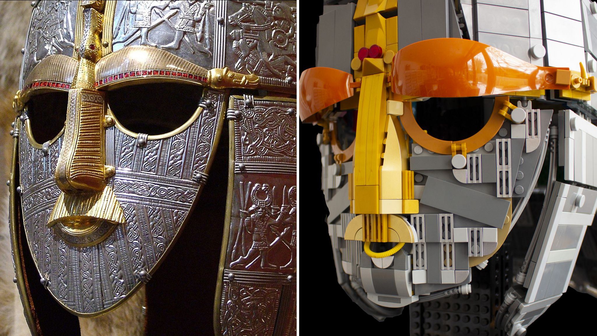 Sutton Hoo replica helmet and Lego helmet Sutton Hoo replica helmet and Lego helmet