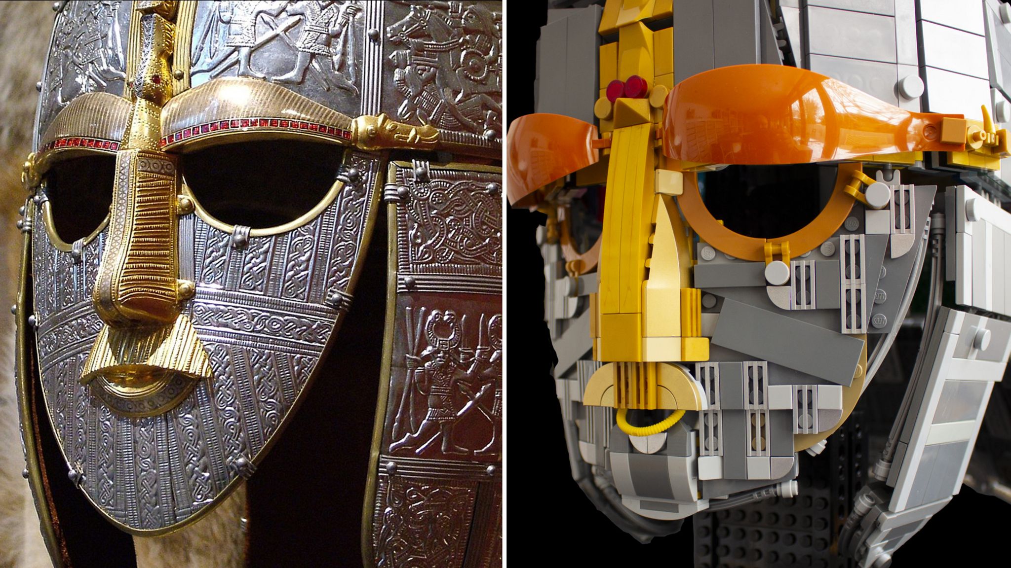 Sutton Hoo replica helmet and Lego helmet