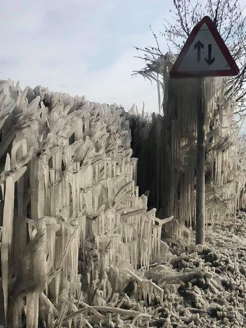 Ice formations near Llong on the way to Mold on a roadside