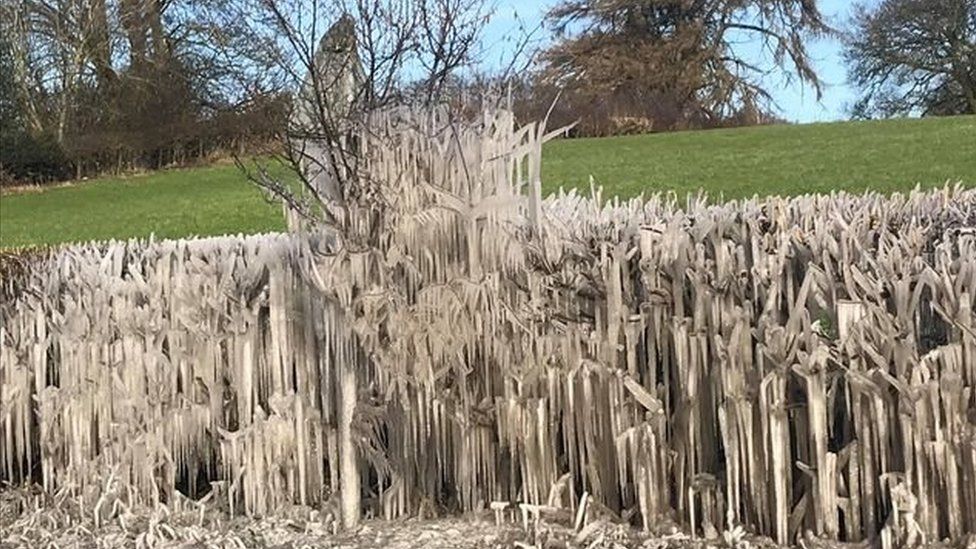 Ice formations near Llong on the way to Mold on a roadside
