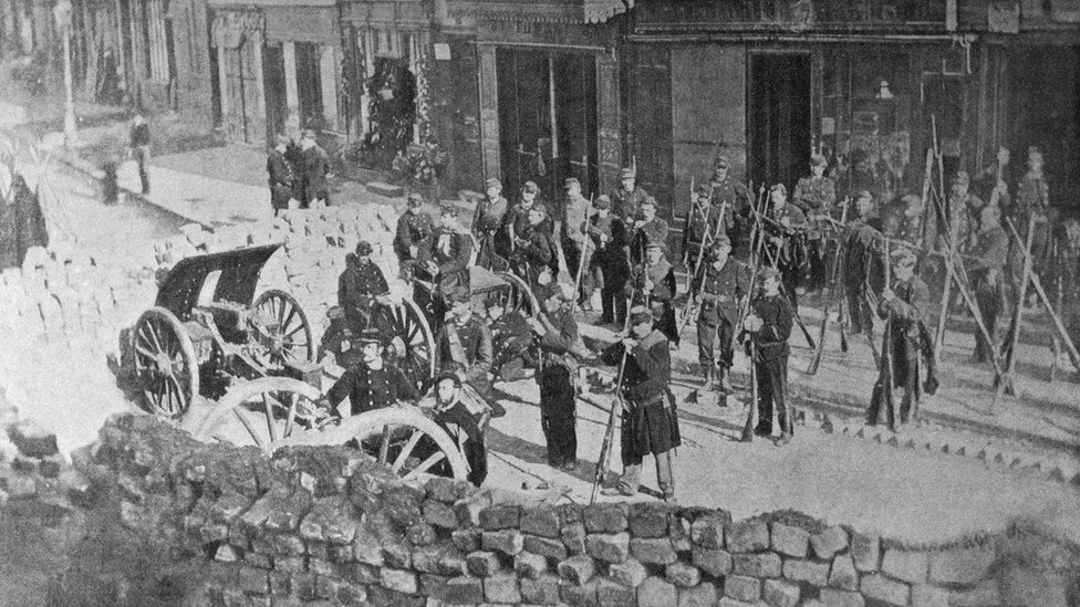 Barricade of Abesses street before the battle on May 1871 in Montmartre,Paris,France