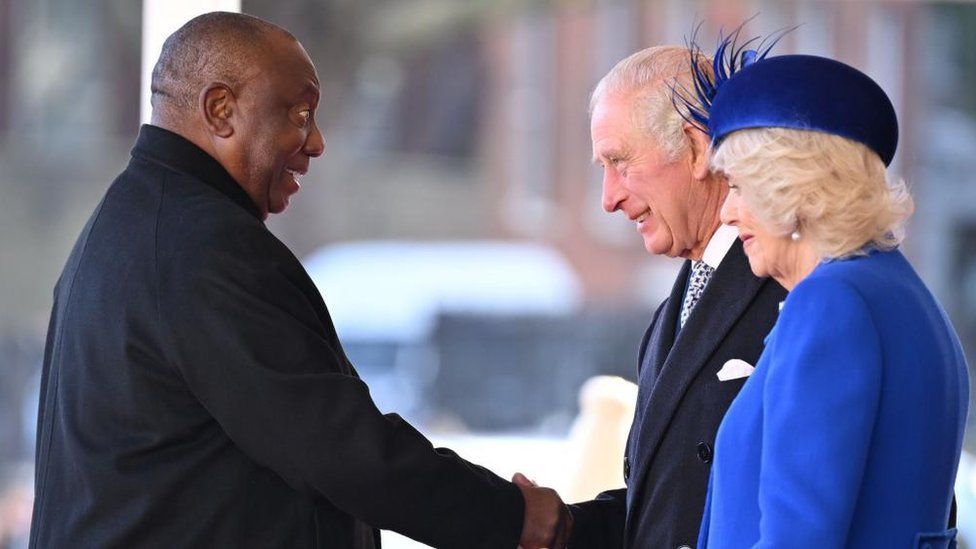 King Charles and Queen Camilla greet President Cyril Ramaphosa in London