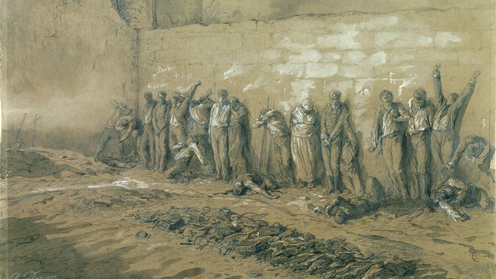 An illustration by Alfred Henri Darjou shows some of the Communards shot at the Wall of the Fighters