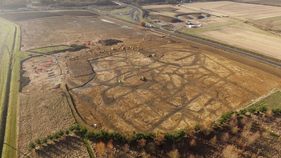 Aerial view of excavation site at Bar Hill in Cambridgeshire