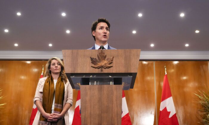 Prime Minister Justin Trudeau and Foreign Affairs Minister Melanie Joly hold a press conference following their participation in the Francophonie Summit in Djerba, Tunisia, on Nov. 20, 2022. (The Canadian Press/Sean Kilpatrick) 