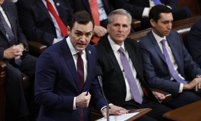 U.S. Rep. Mike Gallagher (R-Wis.) delivers remarks in the House Chamber during the second day of elections for House Speaker at the U.S. Capitol Building in Washington on Jan. 4, 2023. (Anna Moneymaker/Getty Images)